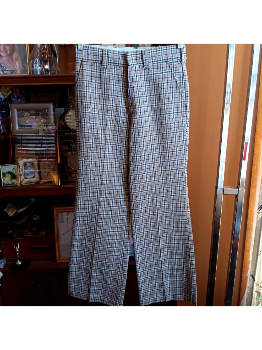 True vintage 28x30 1970's Flare Pants Disco Hippy Plaid Gold/Black Clothy Knit